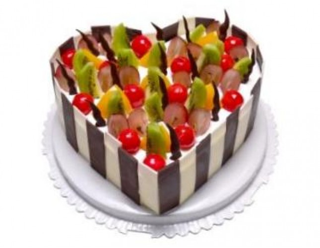 Premium 1 Kg Heart Shape Fruit Cake - 100% Vegetarian Cake & Fresh Fruit Topping