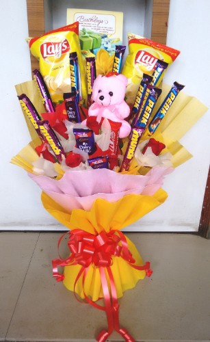 Cute Teddy And Chocolate And Chips Arranged in Red Rose Bouquet 