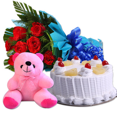 Cute Gift Combo of Flower with Teddy and Cake