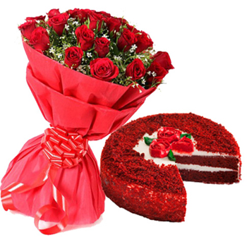 Red Velvet Cake & 12 Red Roses